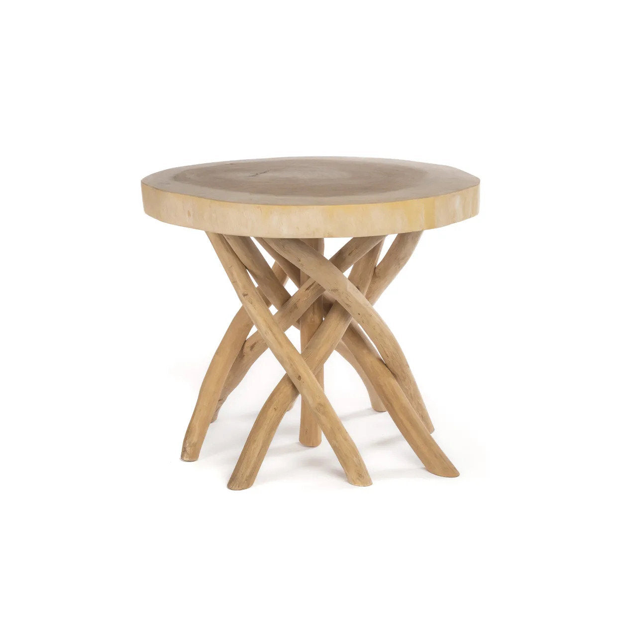 Wooden side table with unique base design on a white background