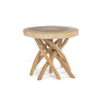 Wooden side table with unique base design on a white background