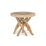 Wooden side table with unique base design on a white background