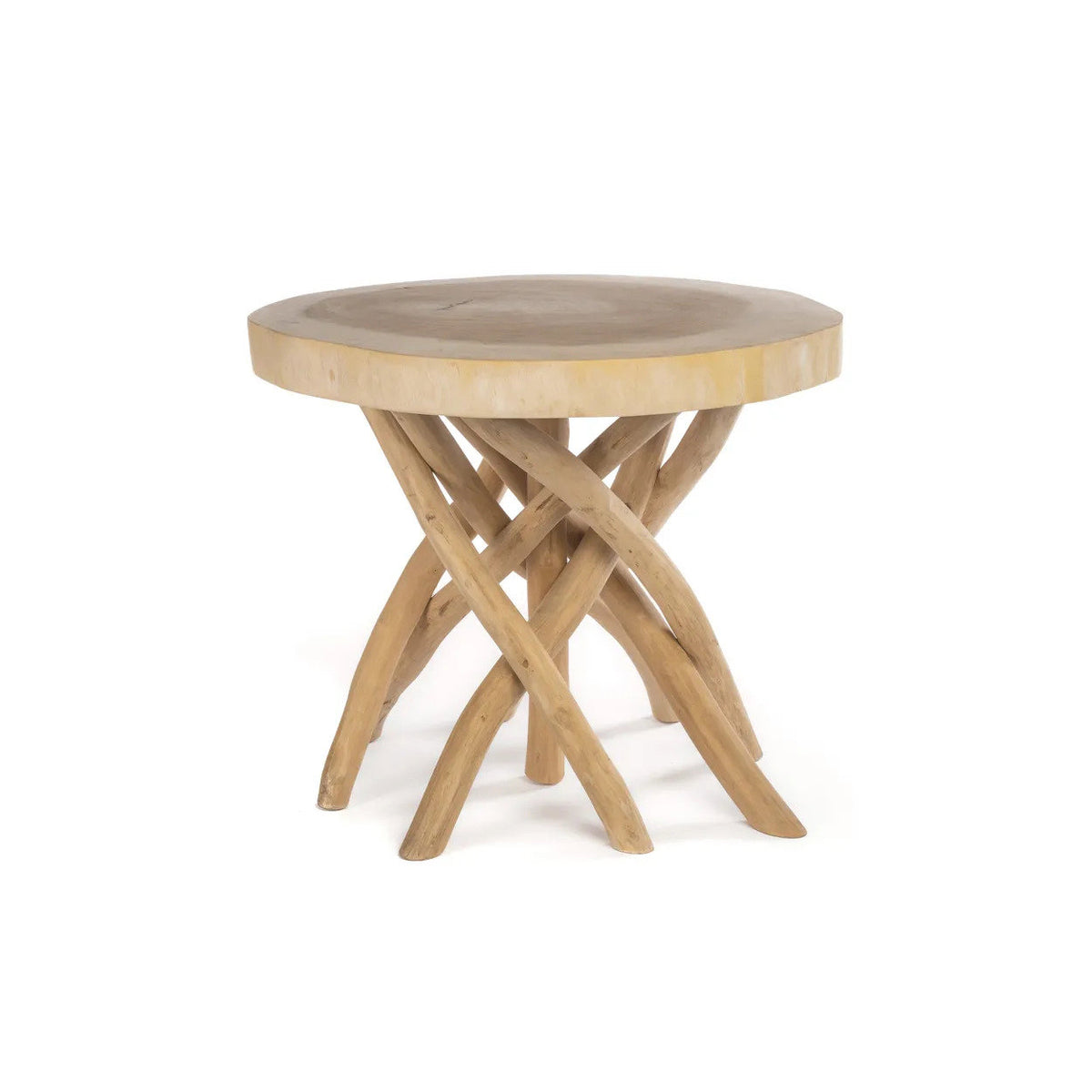 Wooden side table with unique base design on a white background