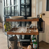 wood and metal trolley with wood trays and metal baskets on ends perfect for kitchen or office or bar