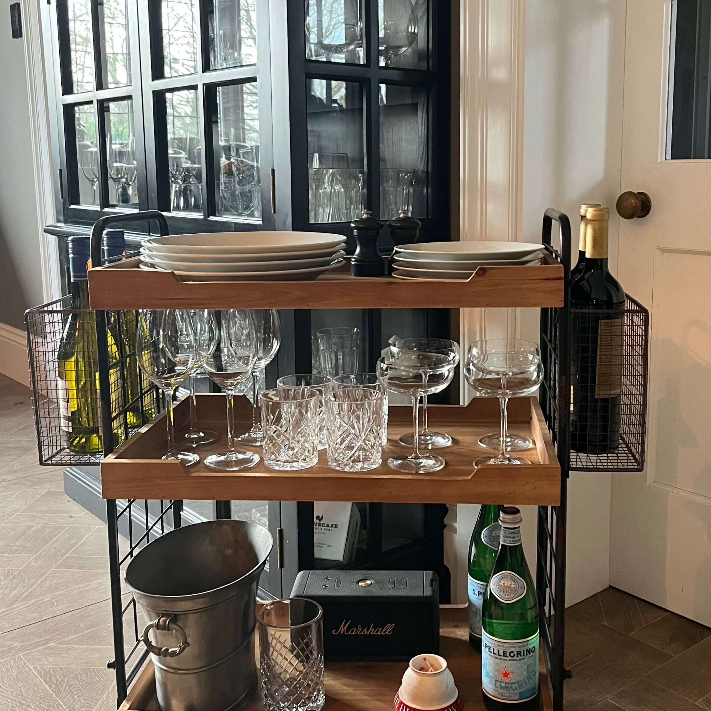 wood and metal trolley with wood trays and metal baskets on ends perfect for kitchen or office or bar