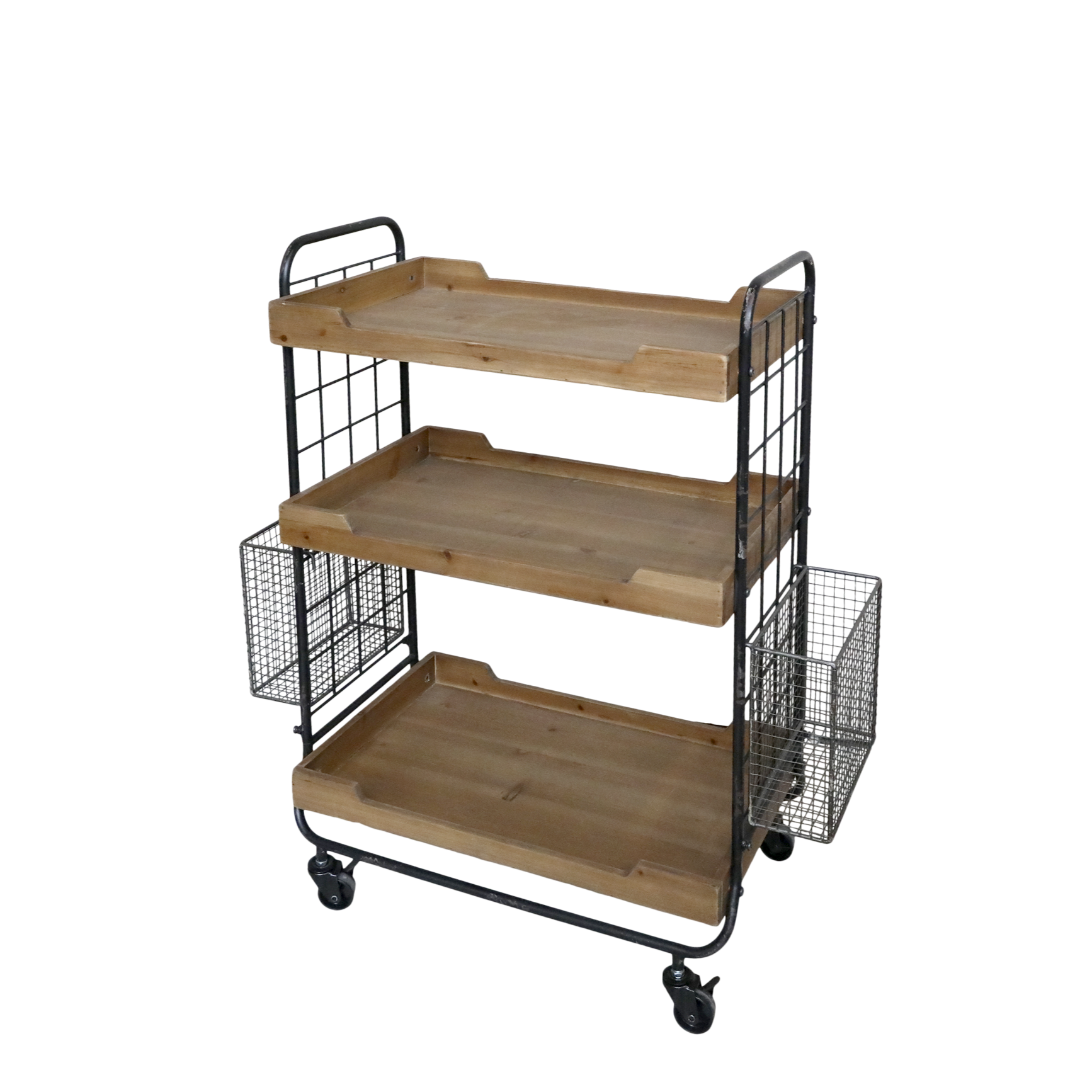wood and metal trolley with wood trays and metal baskets on ends perfect for kitchen or office