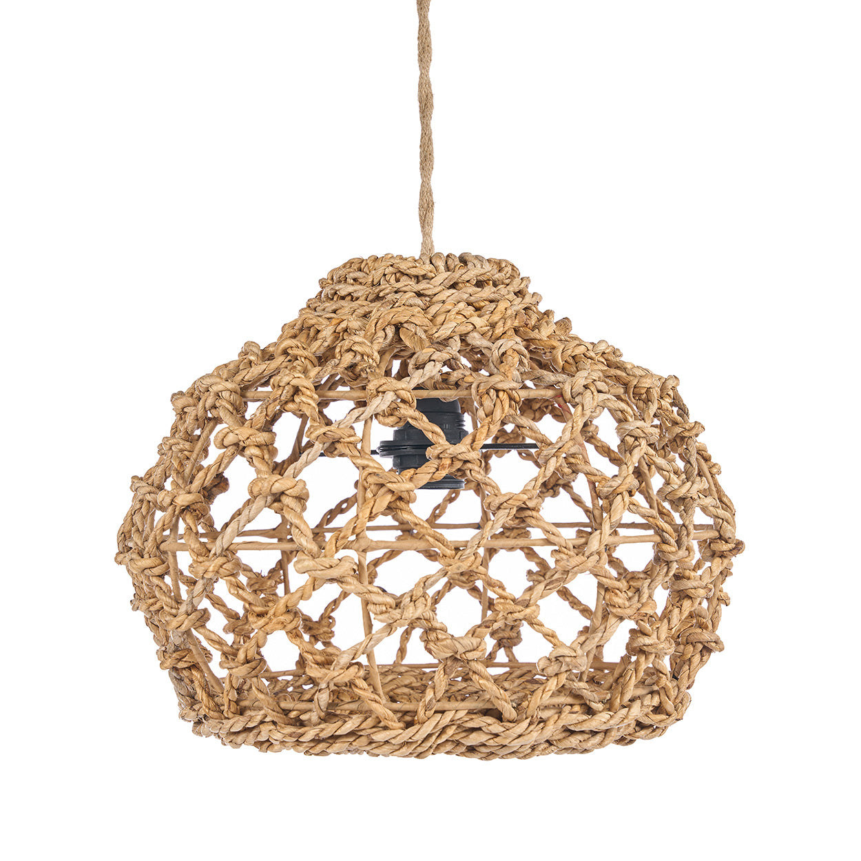 Woven pendant light with natural rope texture on a white background