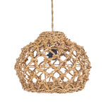 Woven pendant light with natural rope texture on a white background
