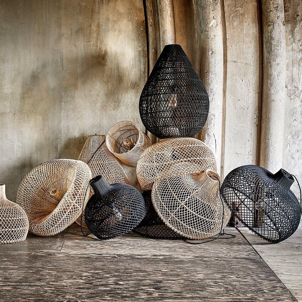 Collection of Large Rattan Pendant Lights in black and natural colours