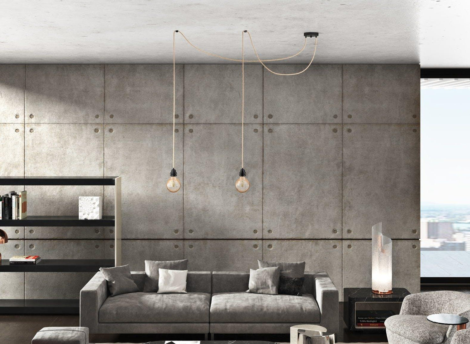 Ceiling Light 2 Fittings - Raw Linen Black - Flo & Joe