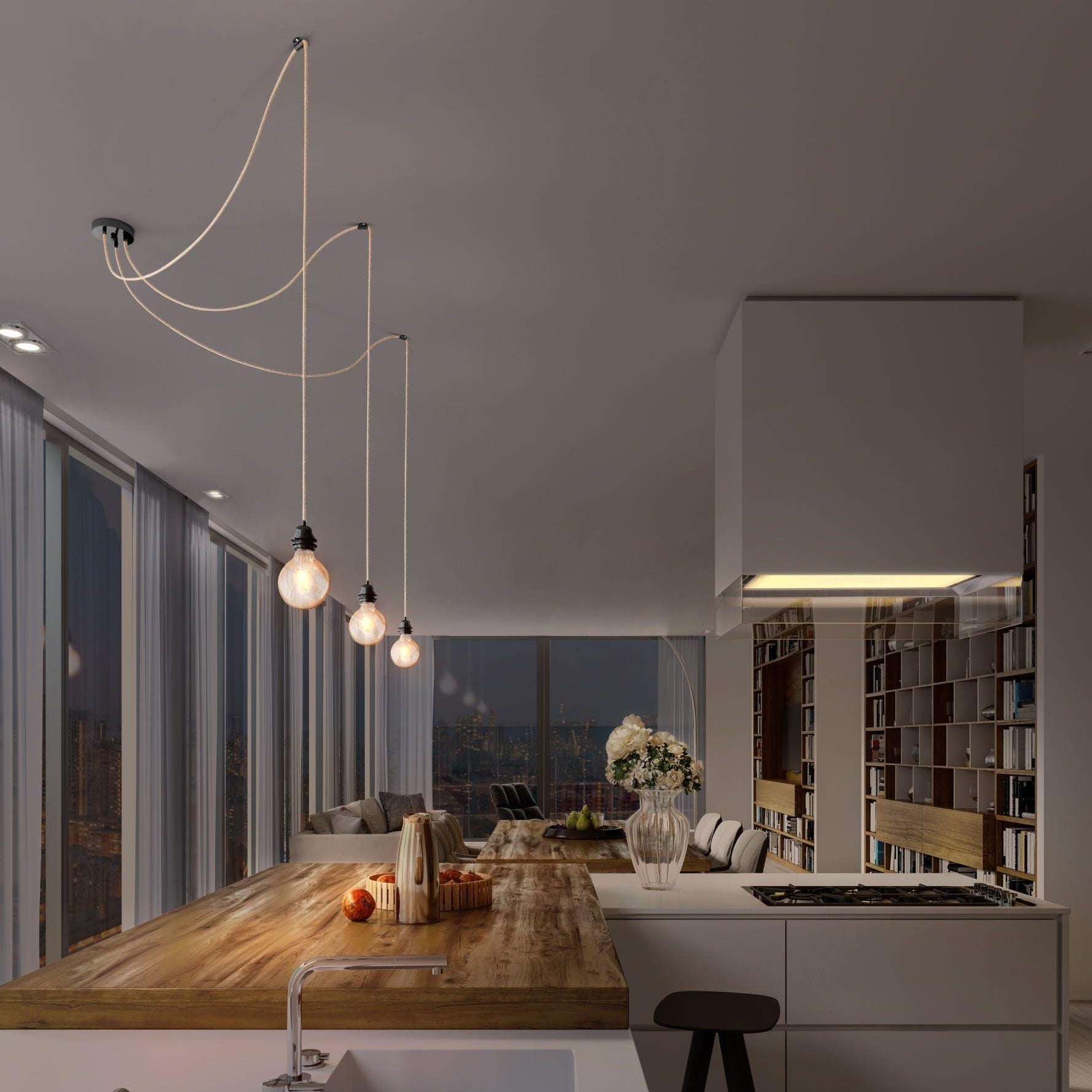 Ceiling Light 3 Fittings - Raw Linen Black - Flo & Joe