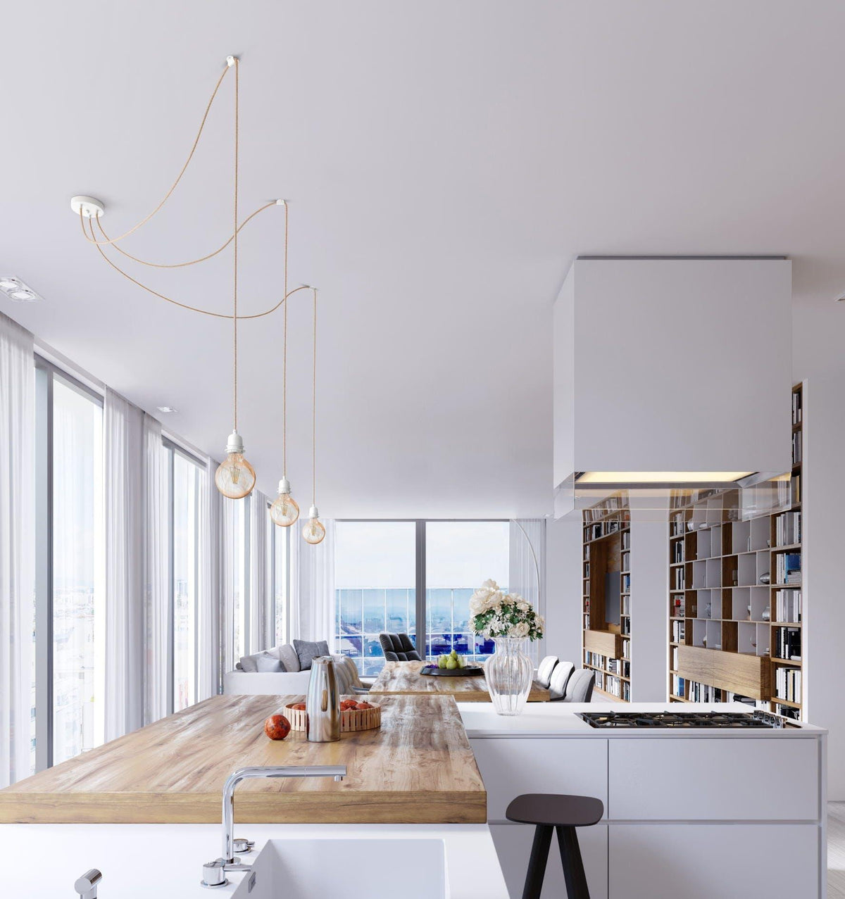 Ceiling light 3 fittings   raw linen white   flo & joe