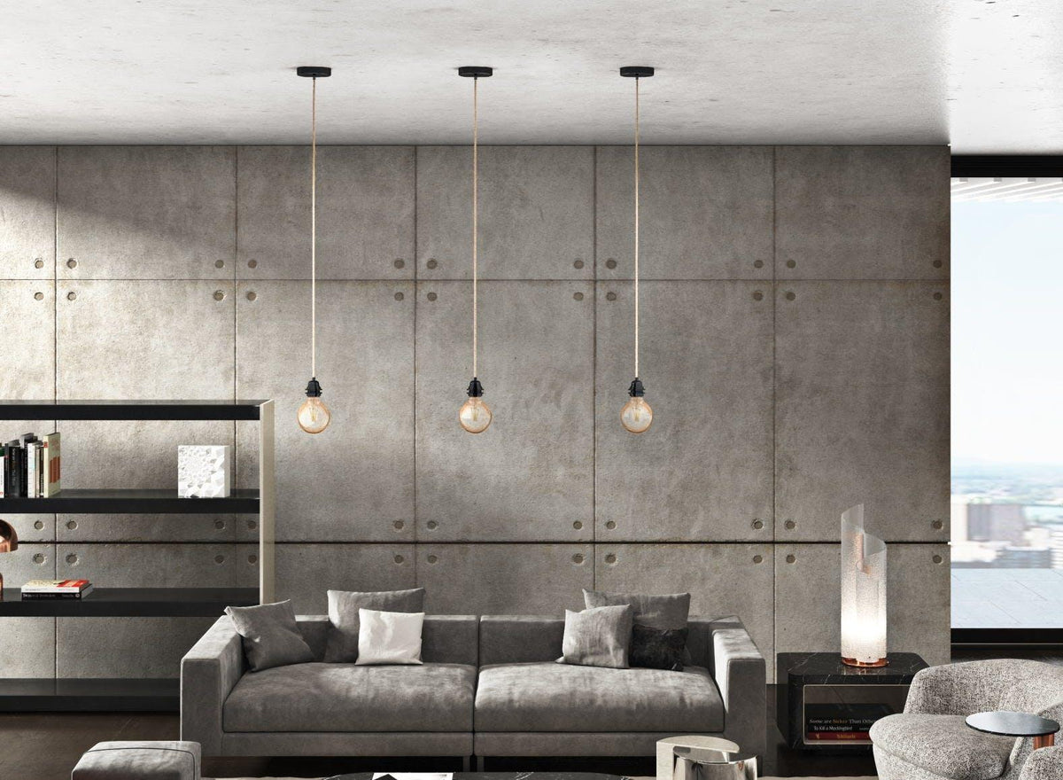 Ceiling light fitting   single   natural jute with black rose above kitchen island
