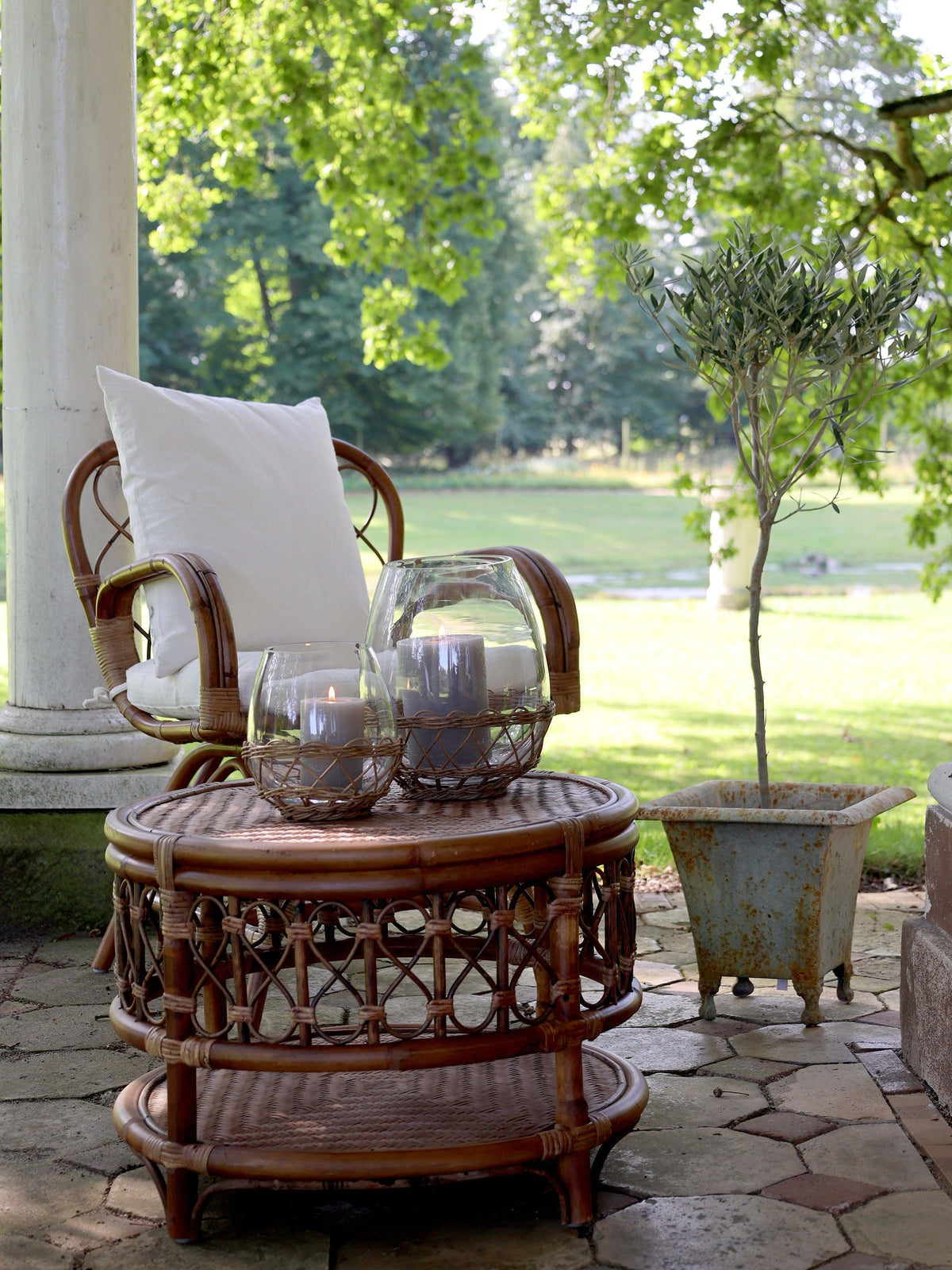 Glass & wicker hurricane lantern   medium   flo & joe