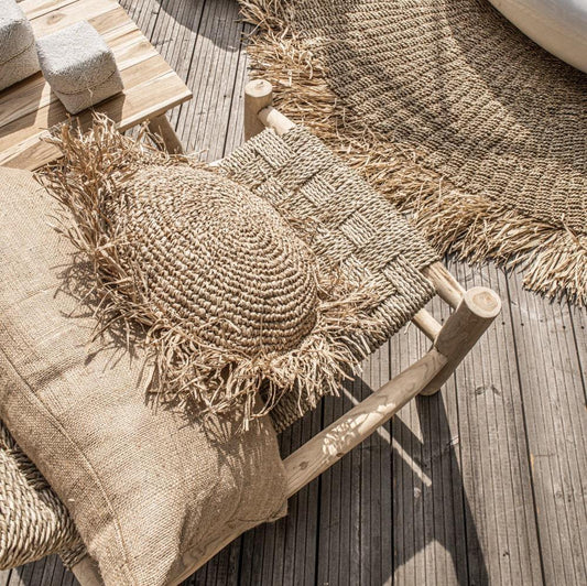 Natural Raffia Fringe Round Cushion 40 x 40cm