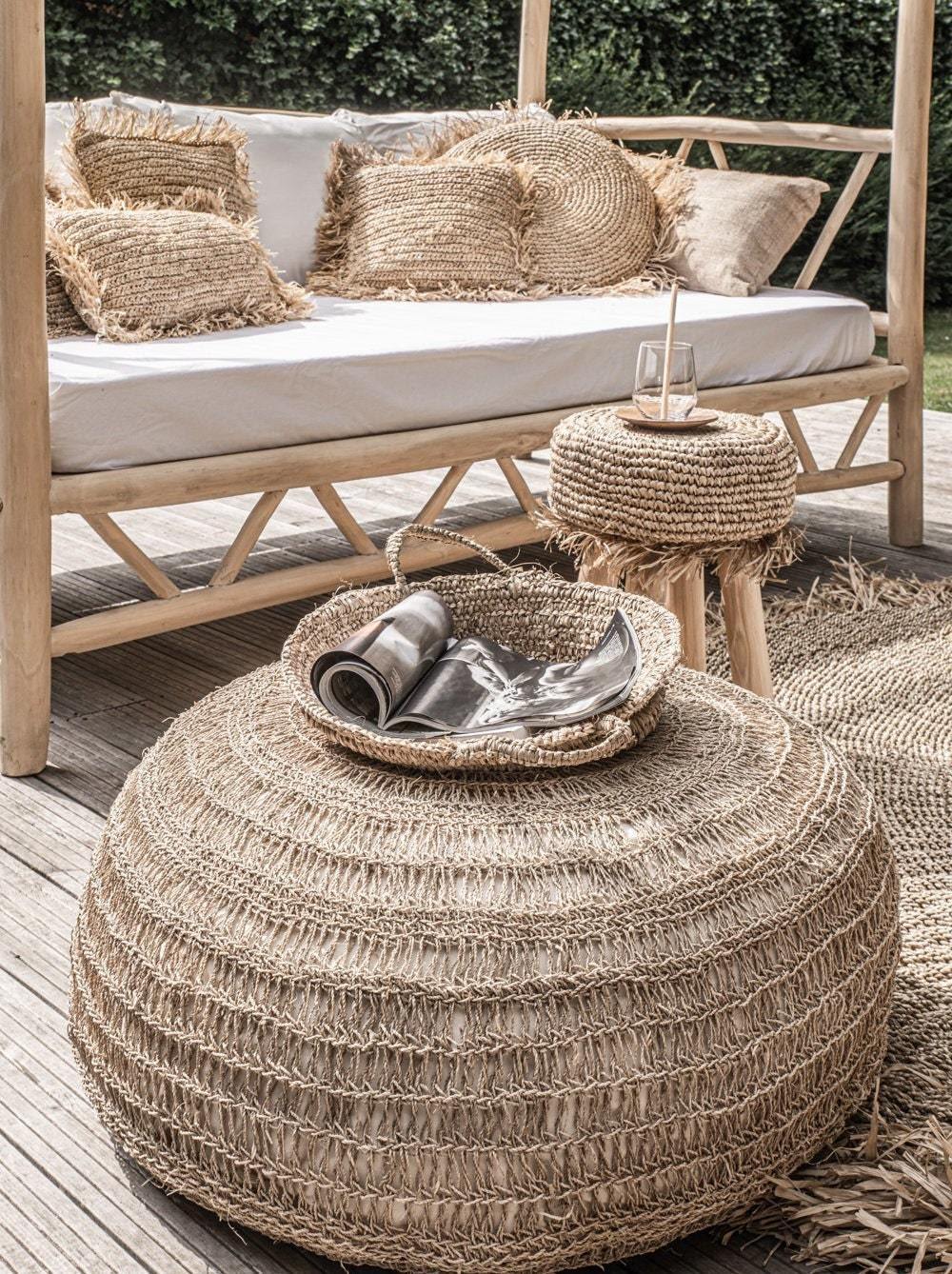 Natural Raffia Fringe Round Cushion 40 x 40cm